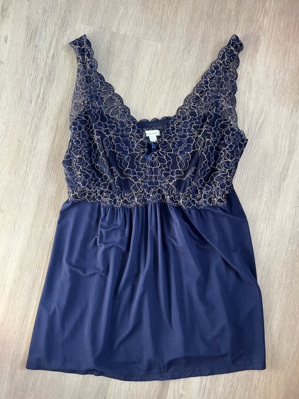 Soma Navy Blue Babydoll with Lace Lg Coquette Luxe Feminine V neck